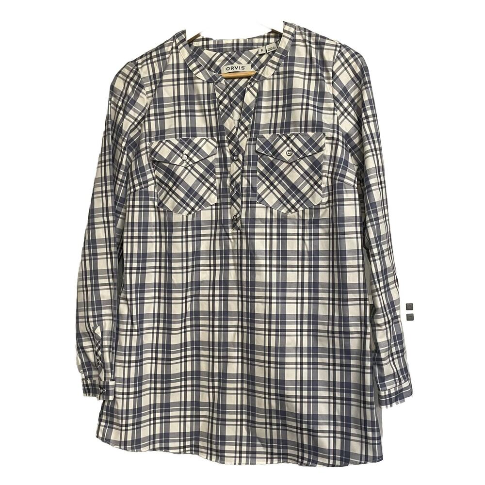 Orvis Top Shirt Dress Plaid Long Sleeve Pullover Band Collar Tunic Womens Size 8